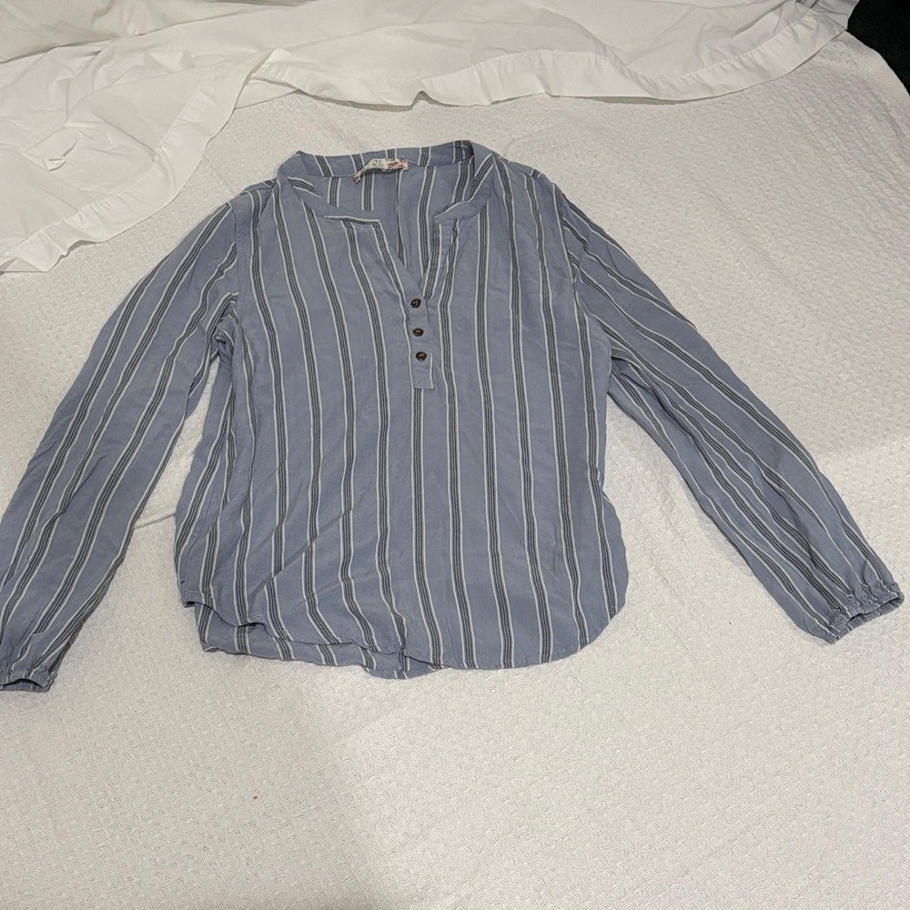13 Pink Rose Blue Striped Button-Up Blouse